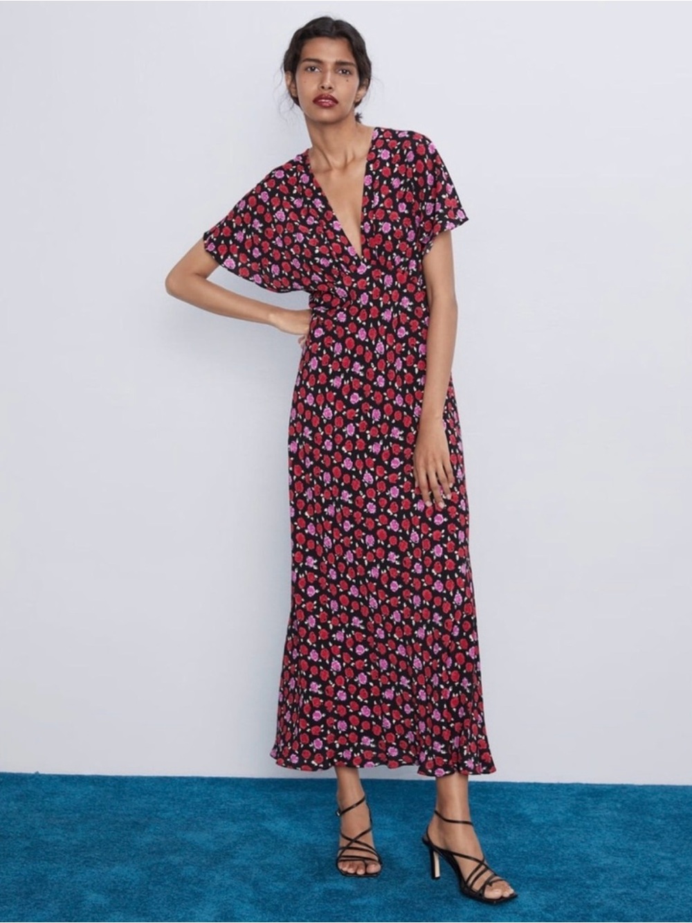 Zara Black Maxi Dress with Pink Floral Print